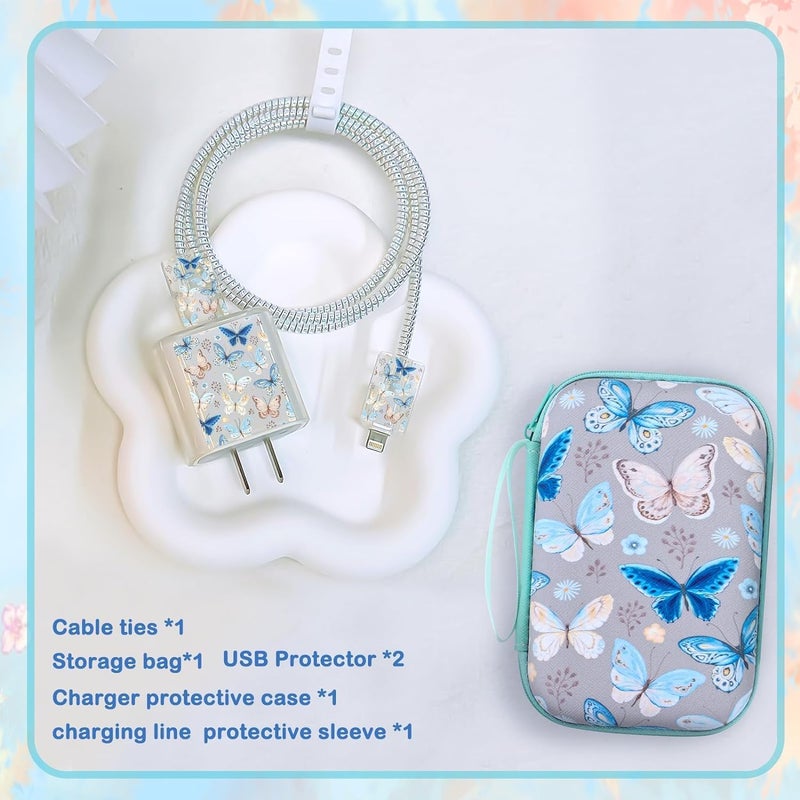 FACTOTECH iPhone Charger Protector Case with Carrying Bag Compatible for Apple 18W 20W iPhone 15 14 13 12 11 Pro & Lightning Cable Protective Sleeve with Pouch Case-Grey Blue Butterfly - Image 2