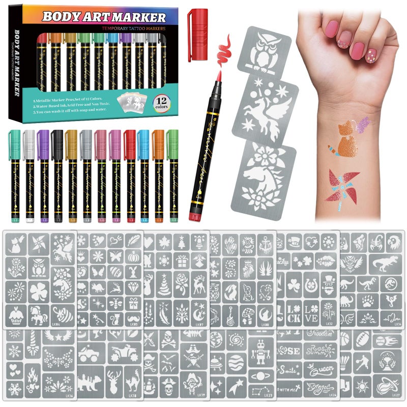 atydkug Temporary Tattoo Markers for Skin, 12 Metal Body Markers + 169 Large Tattoo Stencils for Teens Adults, Flexible Brush Tip, Bright Colors, Cosmetic-Grade Tattoo Ink, DIY Body Art Painting for Women Men - Image 1