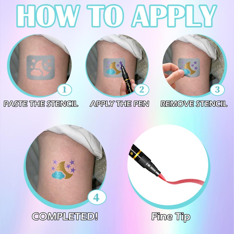 atydkug Temporary Tattoo Markers for Skin, 12 Metal Body Markers + 169 Large Tattoo Stencils for Teens Adults, Flexible Brush Tip, Bright Colors, Cosmetic-Grade Tattoo Ink, DIY Body Art Painting for Women Men - Image 3