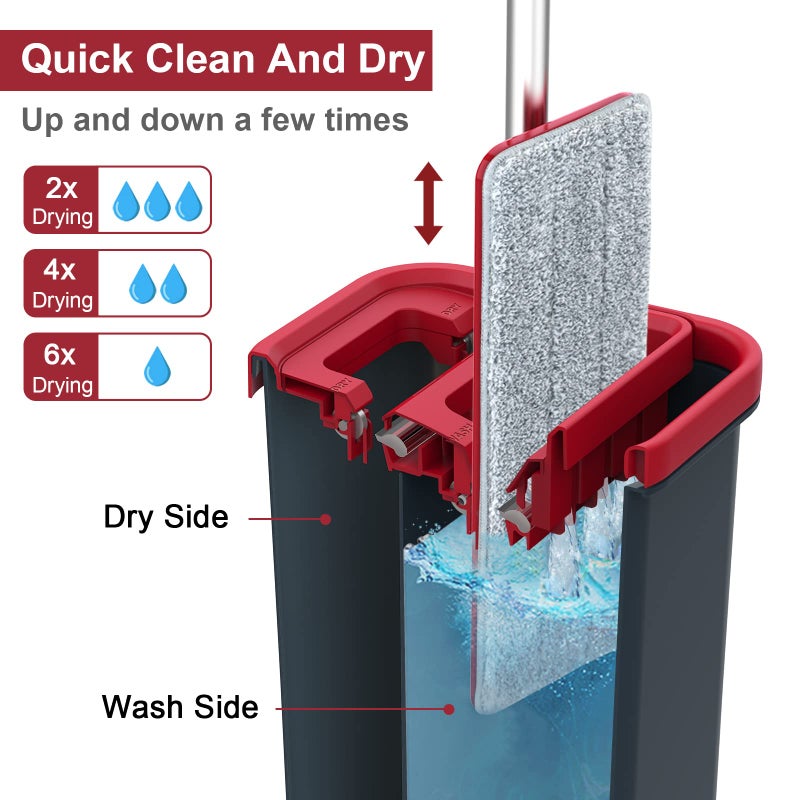 BOSHENG Hands-Free Mop and Bucket Set with 3 Washable Pads, Wet/Dry Floor Cleaning System, Red/Black - Image 2