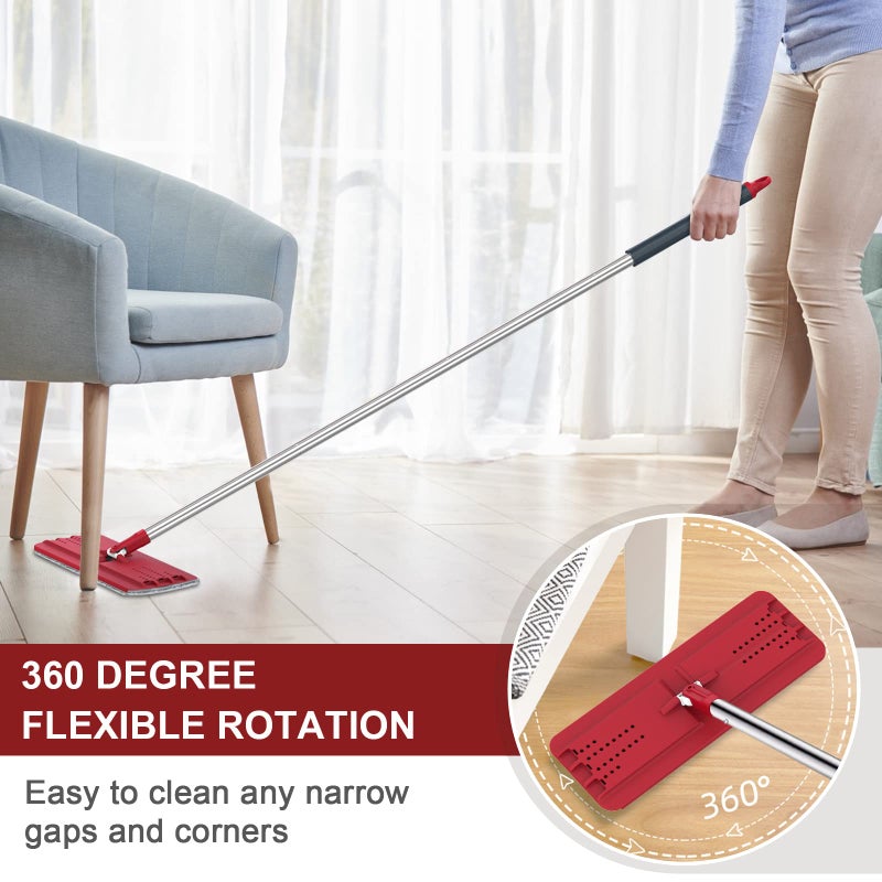 BOSHENG Hands-Free Mop and Bucket Set with 3 Washable Pads, Wet/Dry Floor Cleaning System, Red/Black - Image 3