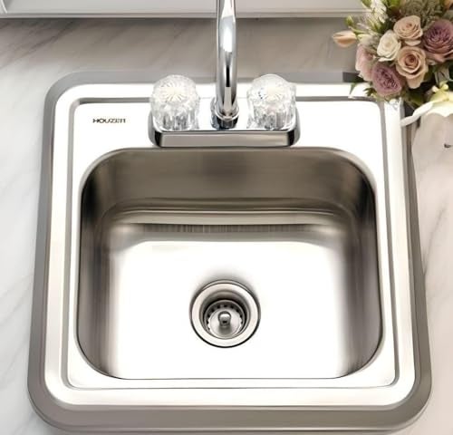 Houzer Hospitality Stainless Steel Bar & Prep Sink: 15 Inch Drop-In Topmount 2-Hole Sink for Bar & Kitchen, Durable & Versatile, Essential for Home & Apartment: 1515-6BS-1 - Image 4