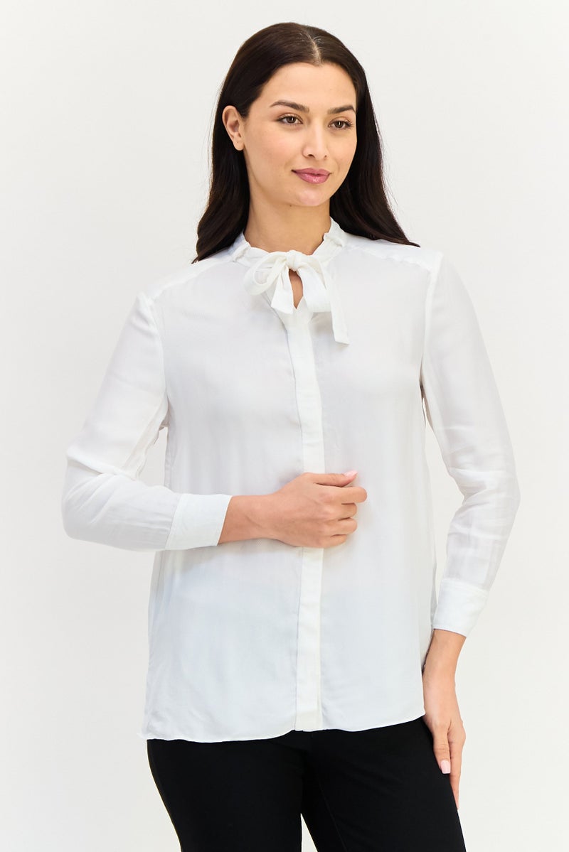 VERO MODA قميص نسائي بأكمام طويلة ورقبة مربوطة، أبيض - Image 1