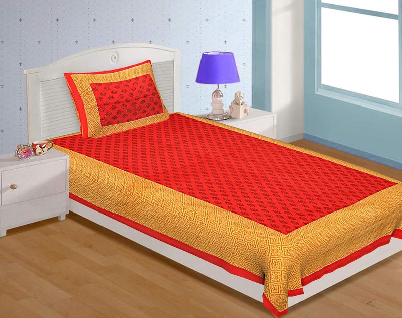 BedZone 180 TC Cotton Rajasthani Jaipuri Single Bed Sheet with One Pillow Cover Red - Image 1