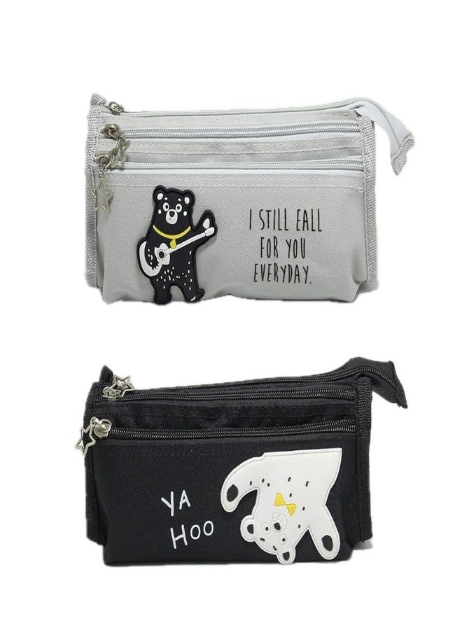 Mega Tree Teddy Pencil Pouch for Kids - 3 Pocket Canvas Pouch with Pen Organizer | Cute Bear Design | Multi-Purpose Pouch for School, Stationery & Travel - Image 1