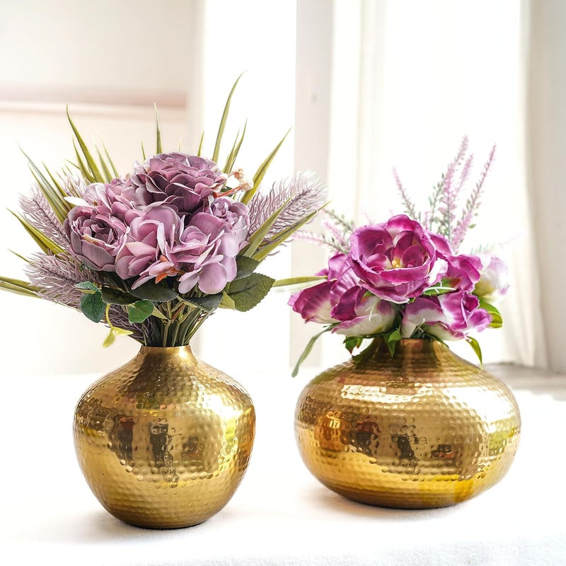 Behoma Metal Flower Vase for Home Decor Table Decorative Item for Bedroom Living Room Office Best Gift for Wedding Festivals Birthday Golden Set of 2 Flower not Included - Image 1
