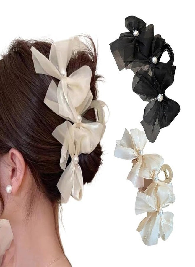 CHIROGRAPHY مجموعة مشابك شعر من قطعتين من CHIROGRAPHY، مشبك شعر أسود وأبيض، مشابك كبيرة للشعر الكثيف، مشابك شعر لامعة، إكسسوارات تصفيف شعر للنساء والفتيات | طقم بلونين - Image 1