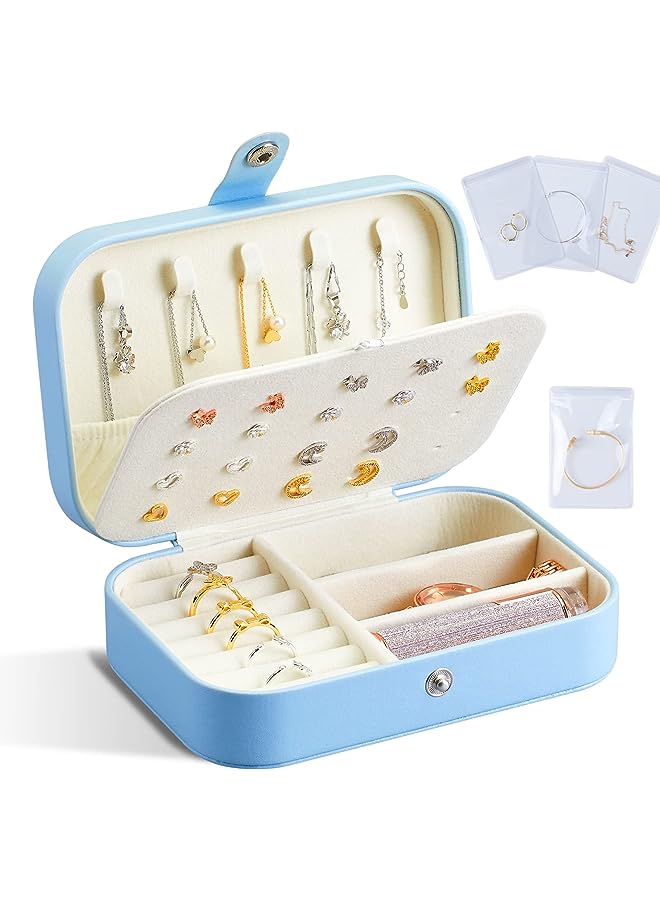 PROMASS Jewelry Box, Portable Leather Travel Jewelry Organizer Case Small Jewelry Box Storage With Four Transparent bag Jewelry Containers Gift For Girls, Blue - Image 1
