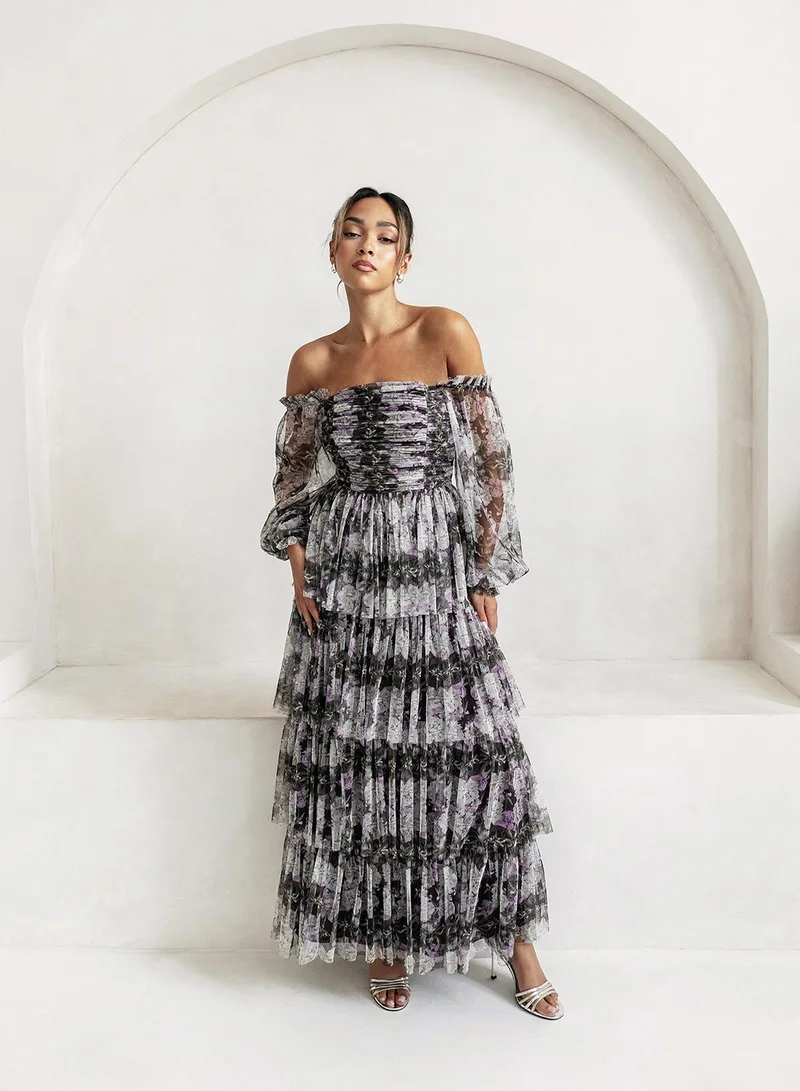 انايا ويذ لوف Mesh Ruffle Detail Off Shoulder Tiered Maxi Dress