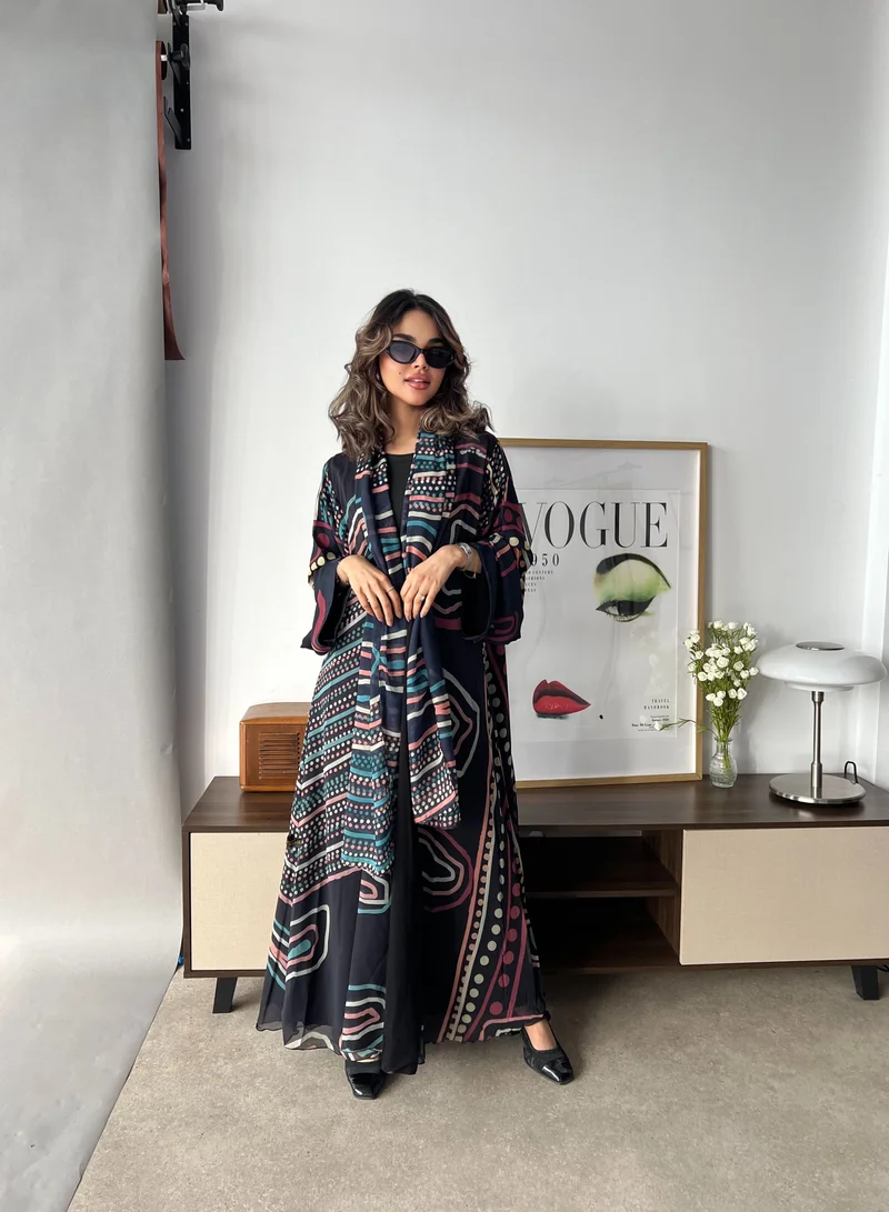 Lusin Abaya Patterned Indian Chiffon Lined Abaya – Multicolor