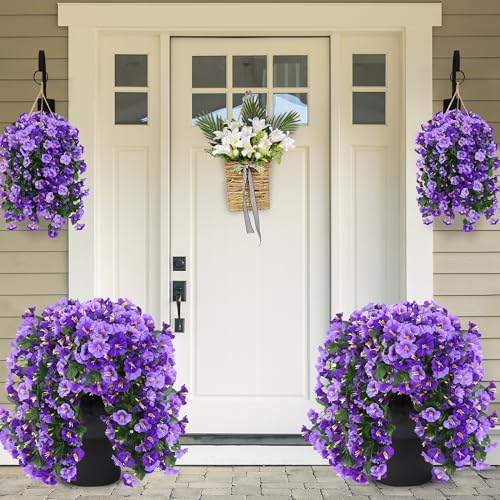Sggvecsy Artificial Fake Hanging Flowers Plants Outdoor Outside Spring Summer Decoration 2PCS Faux Silk UV Resistant Morning Glory Trailing Vines for Home Porch Patio BalconyPurple Light Purple - Image 3