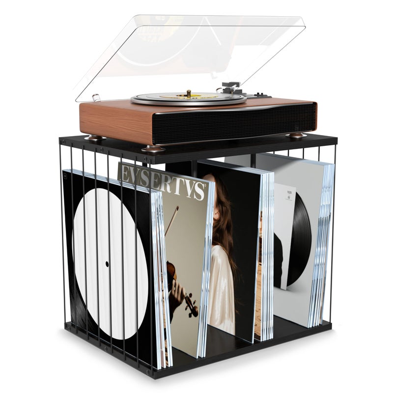 Emfogo Vinyl Record Storage Metal Wooden Vinyl Record Holder Up to 80 Album 3Compartment Record Player Stand for Magazine Book Files Albums Black - Image 2