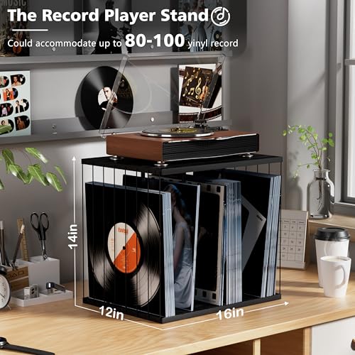 Emfogo Vinyl Record Storage Metal Wooden Vinyl Record Holder Up to 80 Album 3Compartment Record Player Stand for Magazine Book Files Albums Black - Image 3