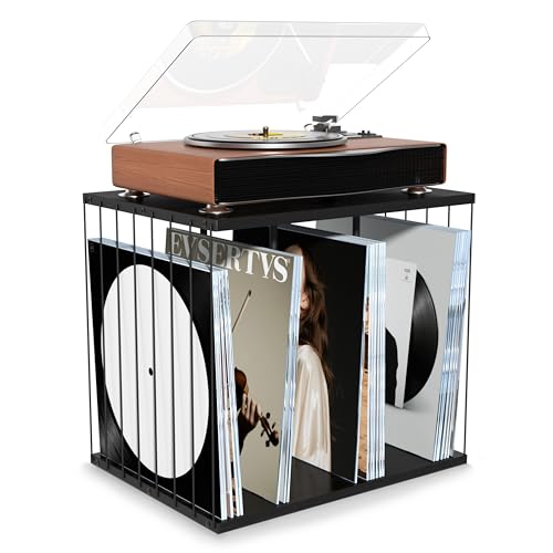 Emfogo Vinyl Record Storage Metal Wooden Vinyl Record Holder Up to 80 Album 3Compartment Record Player Stand for Magazine Book Files Albums Black - Image 1