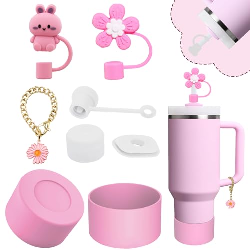 vikgle Stanley Cup Accessories Set,Including 2 Pcs 0.4in Straw Cover, 1 Silicone Spill-Proof Stopper Set of 3, 1 Cute Flower Handle Charm, 1 Silicone Boot Fits Stanley 40&30 Oz Tumbler (Lavender Pink) - Image 1