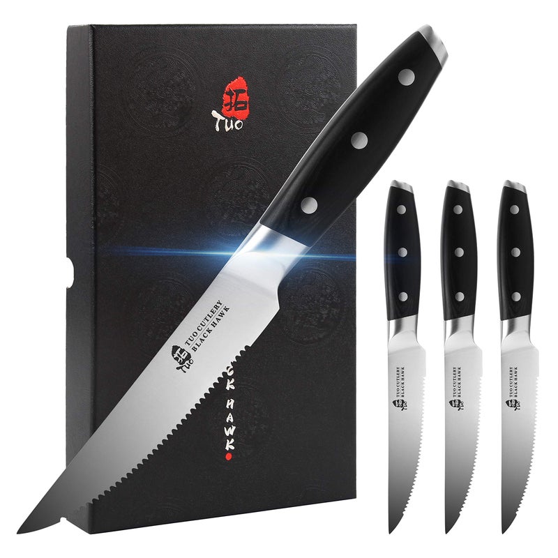 TUO Serrated Steak Knife  5 inch Professional Kitchen Steak Knife Set 4  Table Dinner Knife  German HC Stainless Steel Non Slip Pakkawood Handle  BLACK HAWK SERIES Including Gift Box