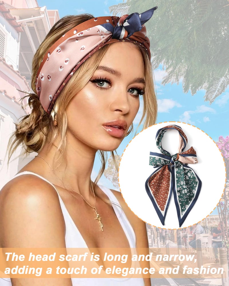 CHLINS Satin Scarf Hair Scarf for Women Neck Scarf Printed Head Wrap Lightweight Handbag Head Scarf 57 * 5.5 Inches (Florl(navy blue + brown)) - Image 5