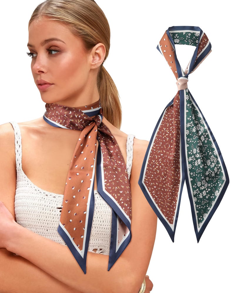 CHLINS Satin Scarf Hair Scarf for Women Neck Scarf Printed Head Wrap Lightweight Handbag Head Scarf 57 * 5.5 Inches (Florl(navy blue + brown)) - Image 1