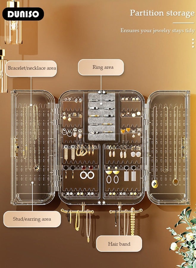 DUNISO Wall Mounted Jewelry Organizer, Self-Adhesive No Drilling Transparent Jewelry Storage Cabinet, Earrings, necklaces, bracelets, rings Display Rack for Bathroom Bedroom Dresser (Grey) - Image 2