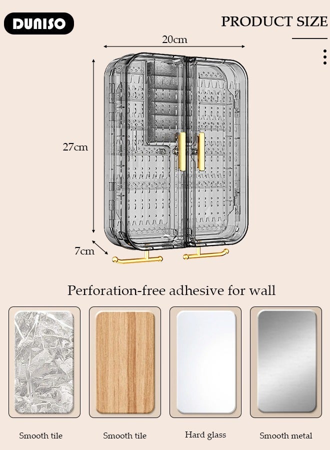 DUNISO Wall Mounted Jewelry Organizer, Self-Adhesive No Drilling Transparent Jewelry Storage Cabinet, Earrings, necklaces, bracelets, rings Display Rack for Bathroom Bedroom Dresser (Grey) - Image 4
