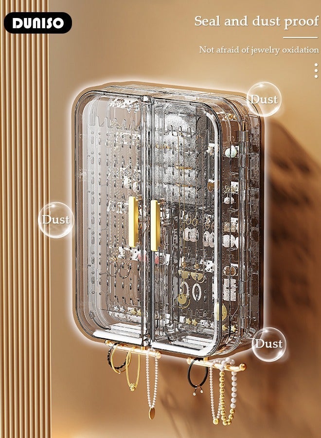 DUNISO Wall Mounted Jewelry Organizer, Self-Adhesive No Drilling Transparent Jewelry Storage Cabinet, Earrings, necklaces, bracelets, rings Display Rack for Bathroom Bedroom Dresser (Grey) - Image 3