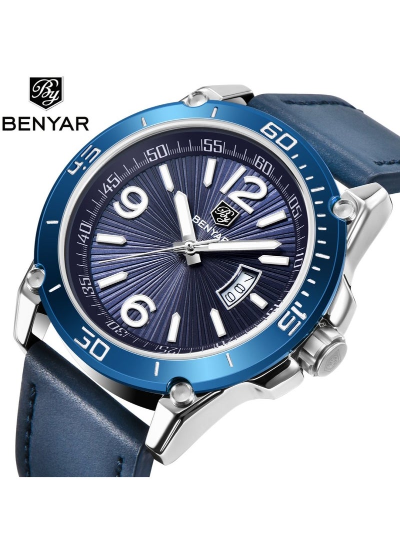 BENYAR Watches for Men Luxury Quartz Water Resistant Watch Men's Analog Genuine Leather Strap Gift for Men  - Image 2