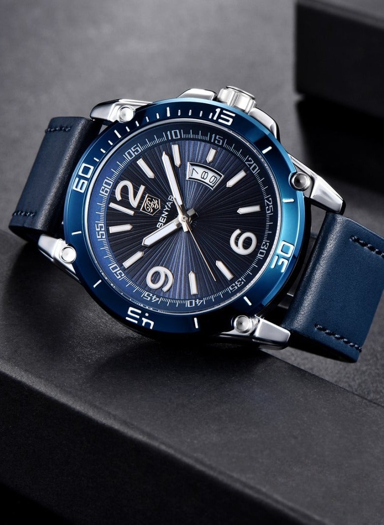 BENYAR Watches for Men Luxury Quartz Water Resistant Watch Men's Analog Genuine Leather Strap Gift for Men  - Image 4