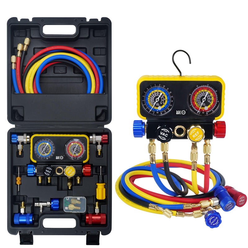 BACOENG AC R1234YF Gauge Set Automotive 4 Way R1234yf Refrigerant Recharge Kit R134A AC Manifold Gauge Set with 5FT Hoses for Car Charging and Evacuation