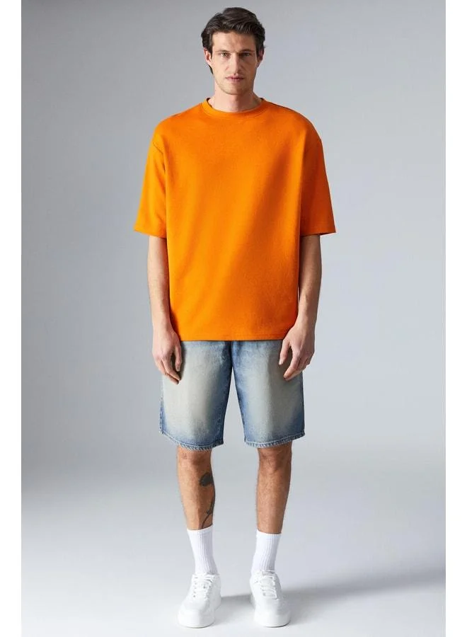 Grimelange JOEL Men's 100% Organic Cotton Thick Fabric Special Texture Label Detailed Oversize Orange T-Shirt