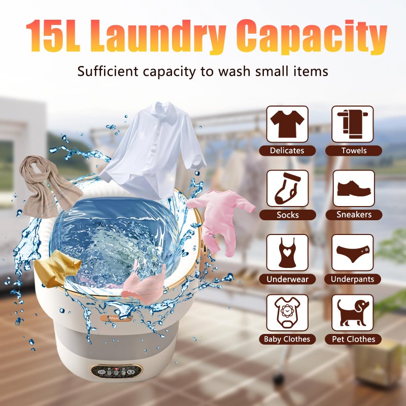 VUHIGIB Portable Washing Machine,15L Collapsible Mini Washer with 3 Cleaning Modes Drain Basket Small Foldable Laundry Machine for Travel Camping Dorms RVs Apartments Baby Clothes Underwear Socks Delicates - Image 3