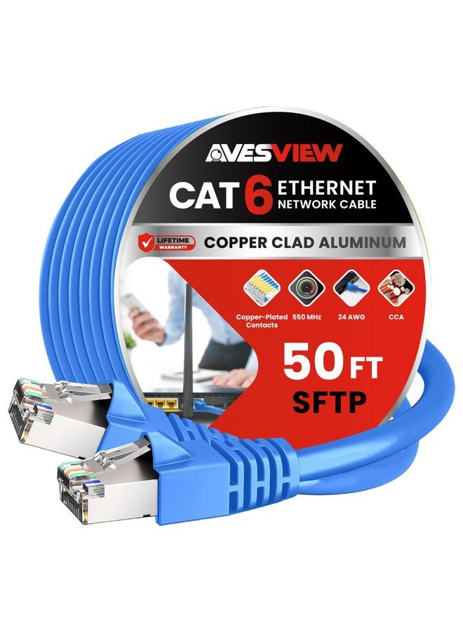 AvesView CAT 6 Shielded Ethernet Cable 50FT, Indoor High-Speed (SFTP) 10Gbps Snagless Shielded 50 FT Ethernet Cable for Internet, Router, Computer, PlayStation, Xbox, POE Camera, Printer - Blue - Image 1
