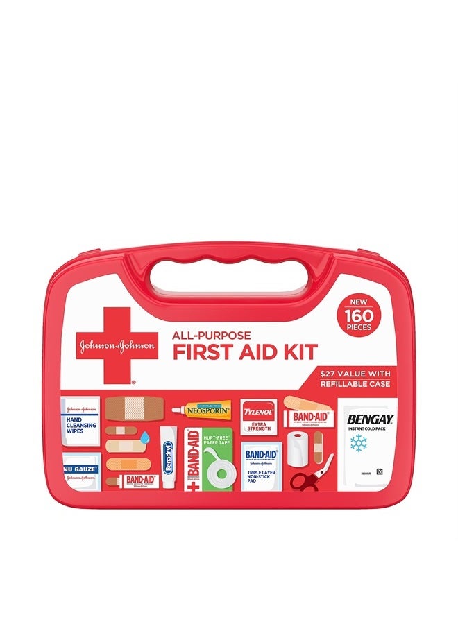 Johnson & Johnson مجموعة الإسعافات الأولية المحمولة متعددة الأغراض للجروح الطفيفة والخدوش والالتواءات والحروق، مثالية للمنزل والسيارة والسفر والتخييم وحالات الطوارئ الخارجية، 160 قطعة - Image 1