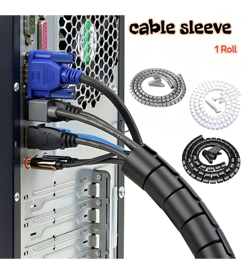 White 78.74Inch Cable Sleeve Wire Winding Tube With Cable Clips For Organization - Image 1