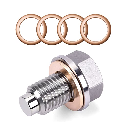 Miytsya Stainless Steel Sump Drain Nut Bolt, 1 PC M14x1.5 Magnetic Oil Drain Plug with 5 PCS Gaskets, Universal for Most Cars Ford Motorcycle Boat Leak-Proof Replacement (Silver) - Image 1
