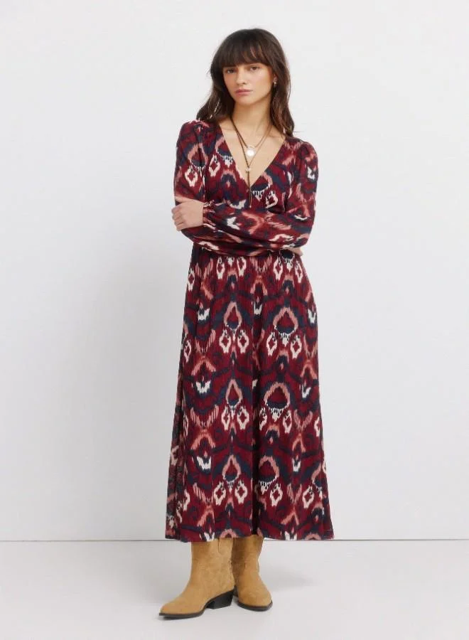 Multicoloured print long sleeve V-neck semi-fitted midi dress with underbust seam and flared skirt