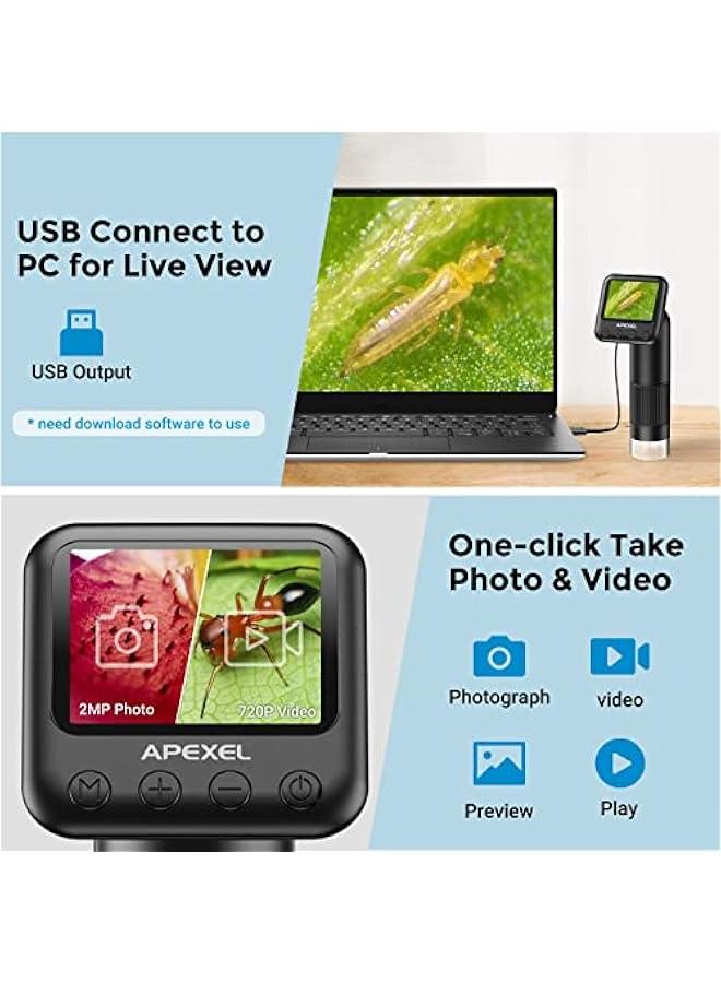 APEXEL 800X Handheld Digital Microscope with 2” LCD Screen, Pocket Portable Microscope for Kids with Adjustable LED Lights, Coins Microscopes Magnifier Camera, USB to PC Including 32G SD Card - Image 5