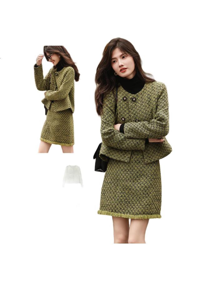 dme Elegant Chanel Style Winter Round Neck Button Long Sleeve Top High Waist Skirt Set Women Two-Piece Green Xl - Image 3