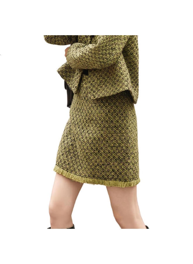 dme Elegant Chanel Style Winter Round Neck Button Long Sleeve Top High Waist Skirt Set Women Two-Piece Green Xl - Image 2