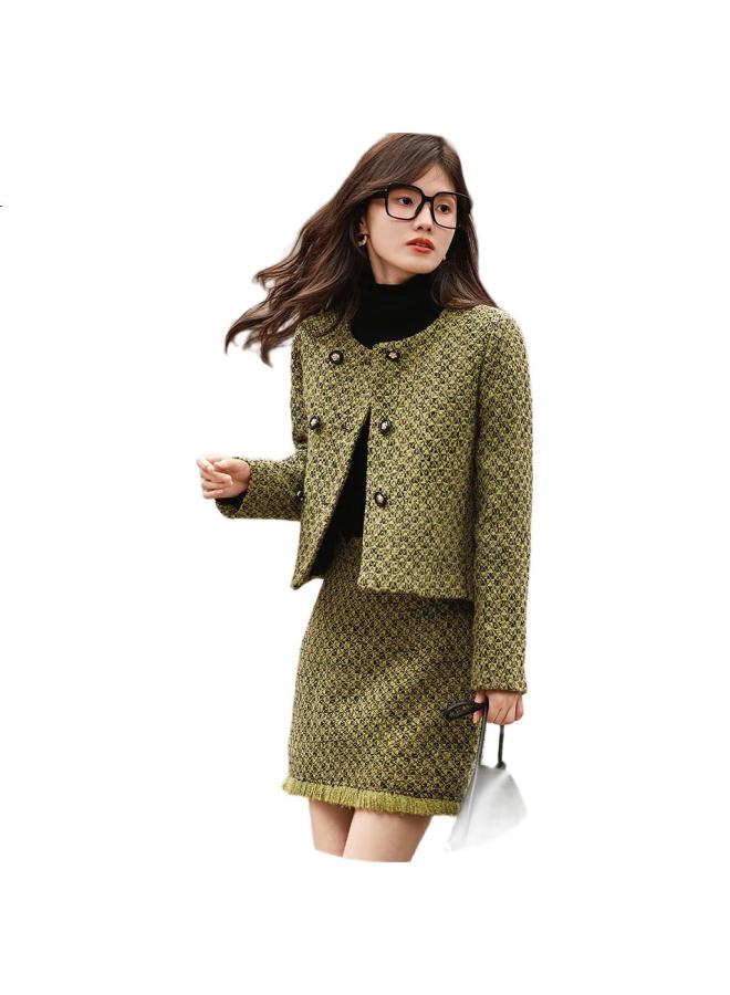 dme Elegant Chanel Style Winter Round Neck Button Long Sleeve Top High Waist Skirt Set Women Two-Piece Green Xl - Image 1