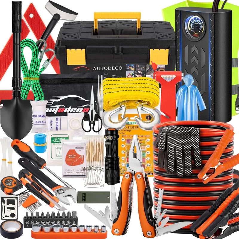 AUTODECO مجموعة أدوات المساعدة في حالات الطوارئ على جانب الطريق مكونة من 98 قطعة مع ضاغط هواء محمول وكابلات توصيل ومطرقة أمان وكماشة متعددة الاستخدامات (برتقالي) - Image 1