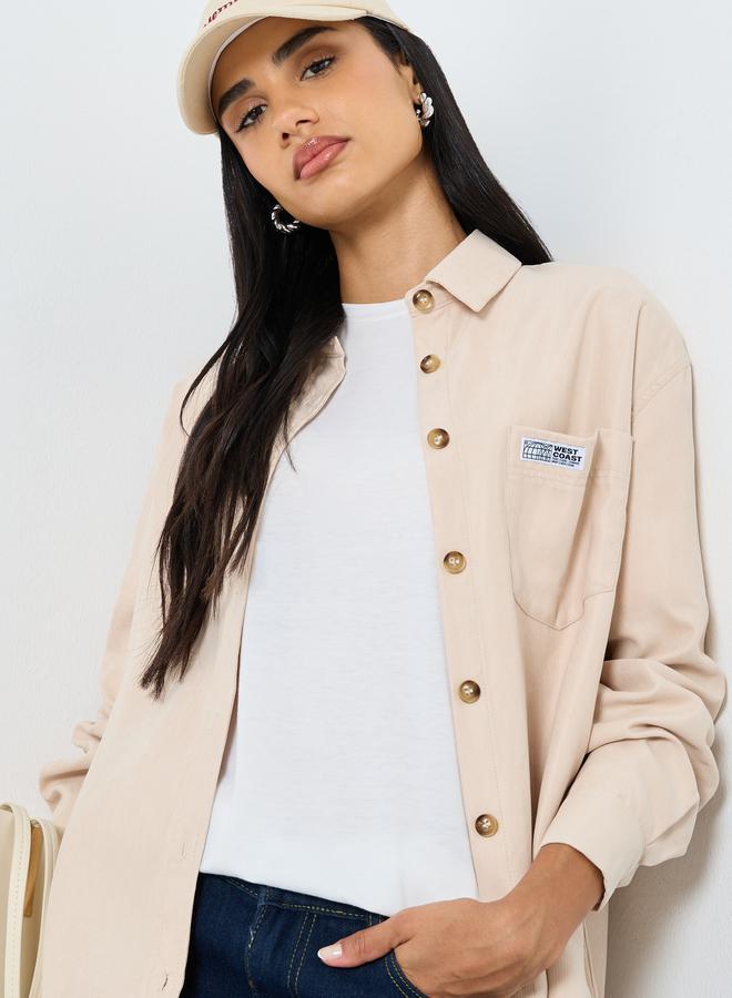 Styli Beige Oversized Shirt with Badge Detail - Image 1
