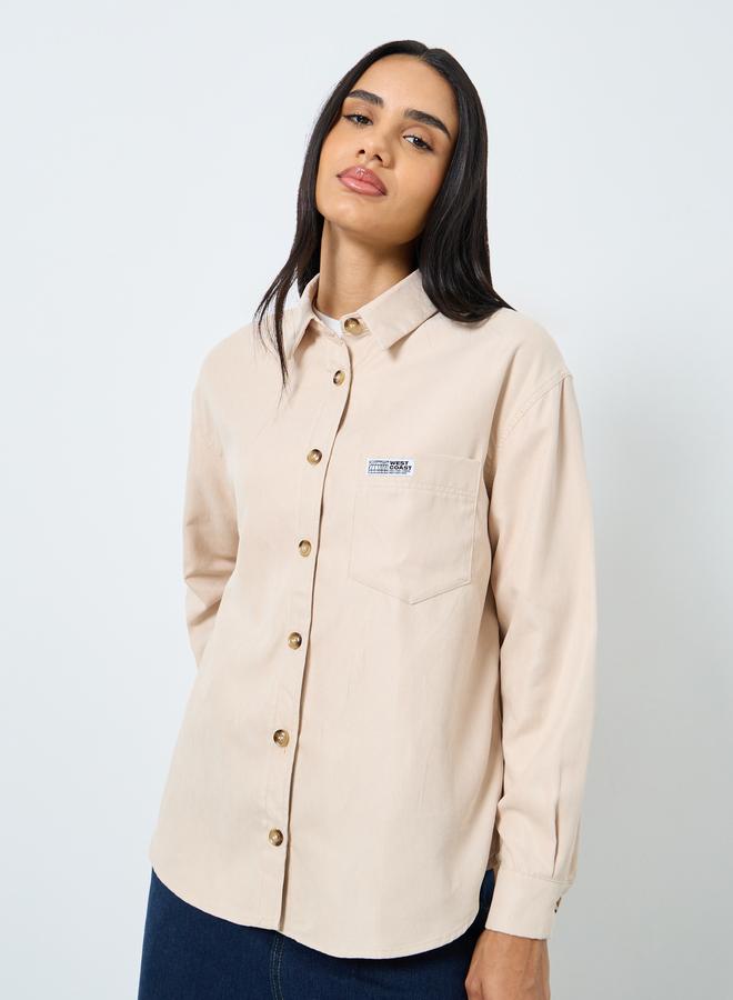 Styli Beige Oversized Shirt with Badge Detail - Image 3
