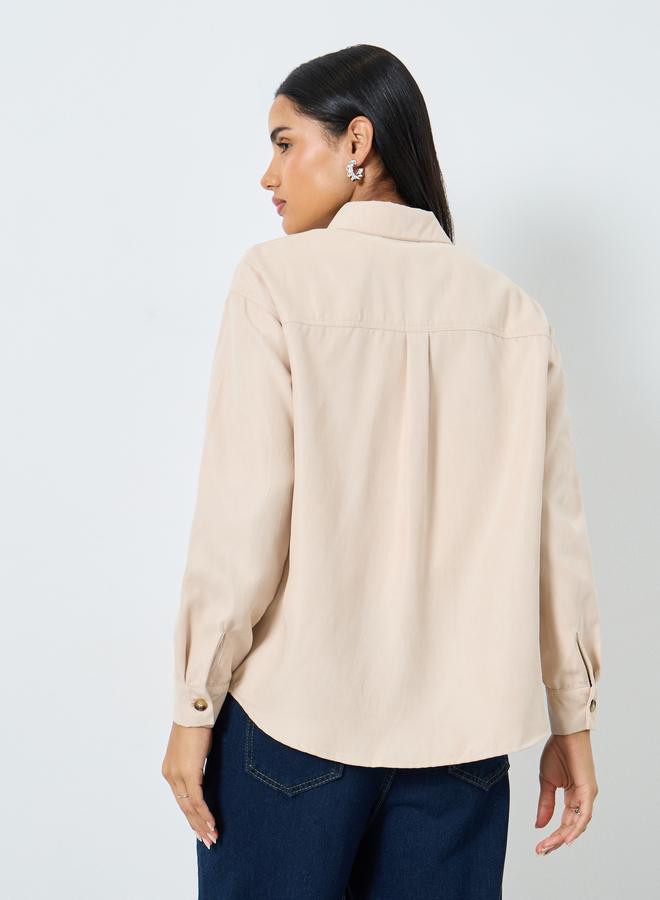 Styli Beige Oversized Shirt with Badge Detail - Image 5