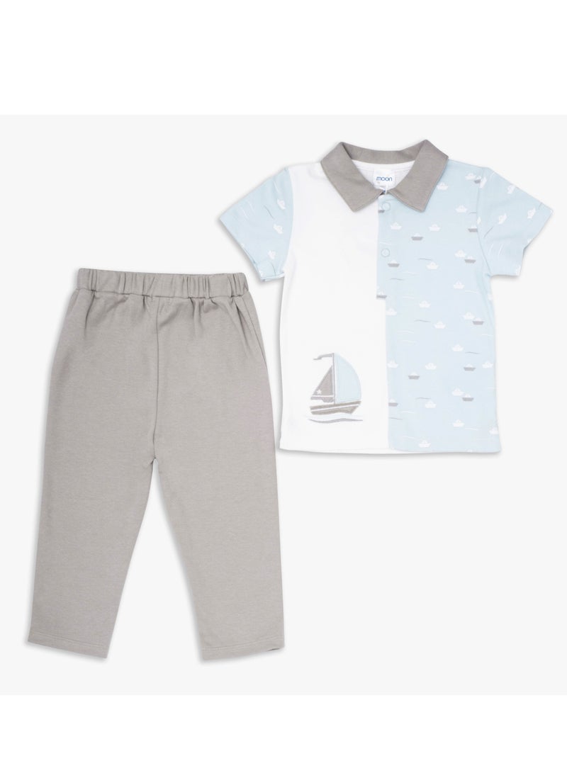 MOON 100% Cotton Polo T-Shirt and Long Pant 18-24M Teal - Little Boat - Image 1