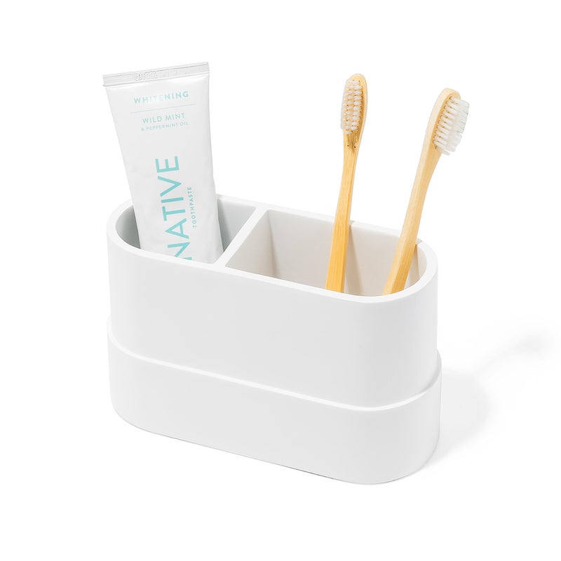 Yew Design Matte White Large Toothbrush and Toothpaste Holder for Bathroom Vanity and Countertop 2 Compartments Round Organizer for Electric Toothbrushes Floss Razors Cotton and Mouthwash