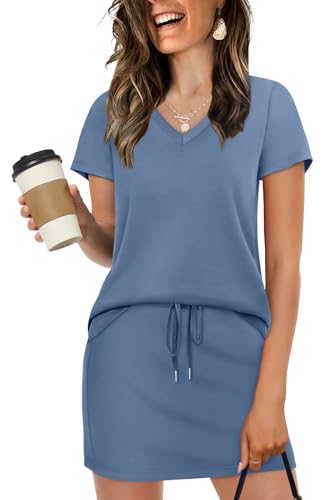 NIASHOT Matching Sets Women Clothing 2026 Summer Spring Soft Loungewear Casual Teacher College Country Concert Outfits Two Piece Skirt Set for Women Going Out Dressy Skorts Grey Blue XL - Image 1