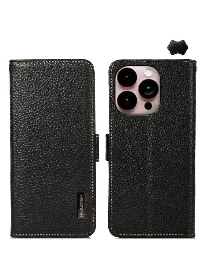 S-TOP Case For iPhone 16 Pro Max KHAZNEH Side-Magnetic Litchi Genuine Leather RFID Case - Image 1