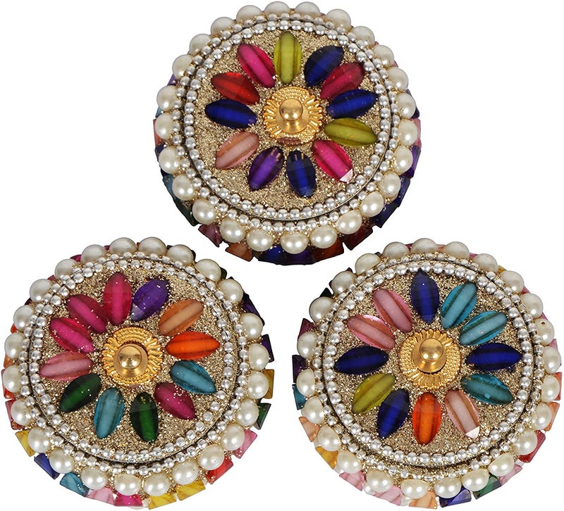 SM Creations Decorative Jewelry Box 6 cm x 6 cm x 3 CM Pack of 3pc Decorative Vanity Box Sindoor Dabbi Kumkum Dani Handicraft box SilverMulticolor - Image 1