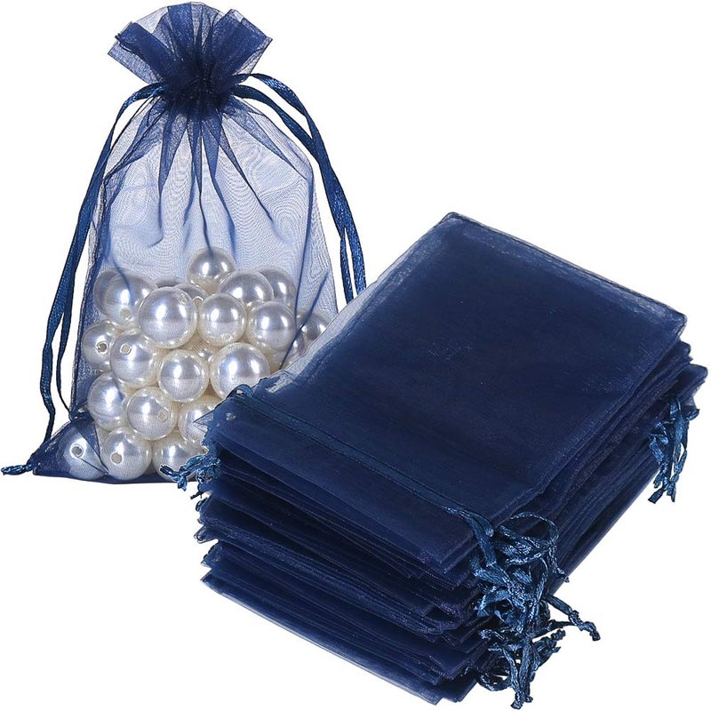 HRX Package 100pcs Organza Gift Bags Navy Blue 4 x 6 inch Mesh Jewelry Pouches Drawstring Party Favor Bags for Small Sample Christmas Candy