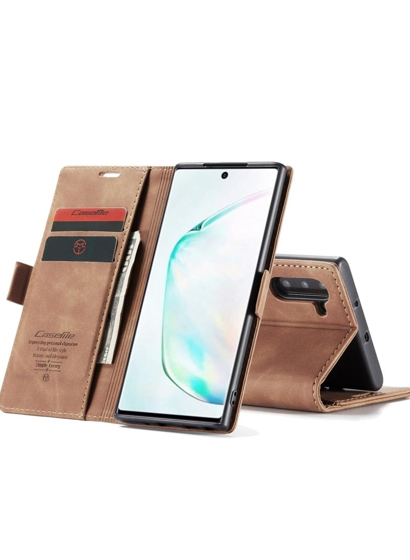 CaseMe Phone Case Luxury PU Leather Design 013 Flip Cover Card Slot Holder Cover For Samsung Galaxy Note 10 (Brown)  - Image 2